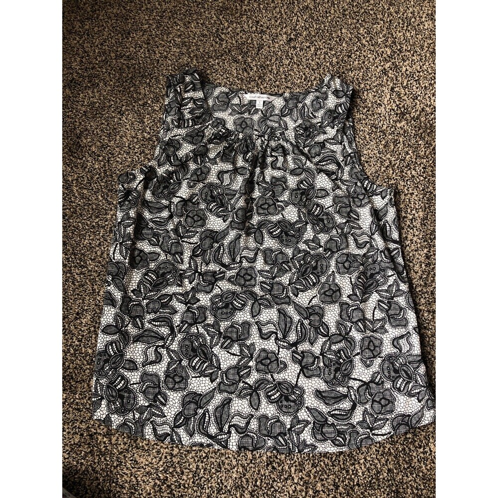 Croft & Barrow Black White Floral Sleeveless Blouse Size L Rouched Neckline